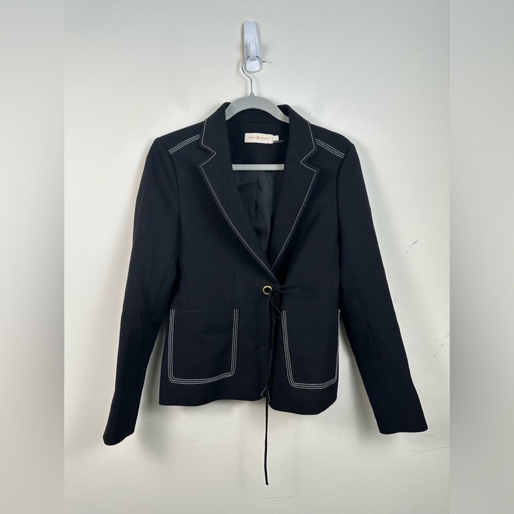 Tory Burch Blazer Women Size 2 Black Excellent Contrast Stitch Tie Front Grommet